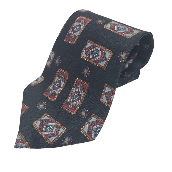 Oscar de la Renta | Black and Red Vintage Silk Rectangle Patterned Tie - Picture 3 of 10